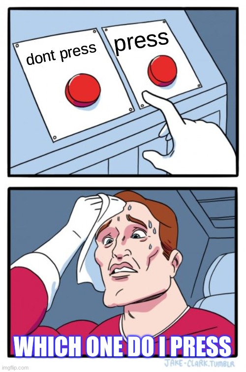 Two Buttons | press; dont press; WHICH ONE DO I PRESS | image tagged in memes,two buttons | made w/ Imgflip meme maker