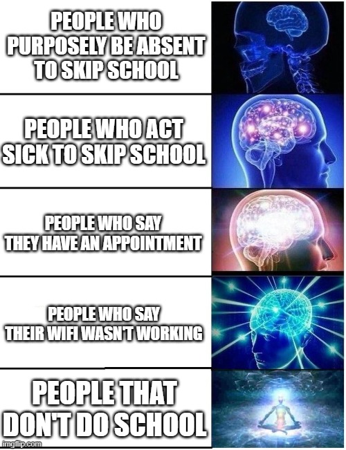 Expanding Brain 5 Panel | PEOPLE WHO PURPOSELY BE ABSENT TO SKIP SCHOOL; PEOPLE WHO ACT SICK TO SKIP SCHOOL; PEOPLE WHO SAY THEY HAVE AN APPOINTMENT; PEOPLE WHO SAY THEIR WIFI WASN'T WORKING; PEOPLE THAT DON'T DO SCHOOL | image tagged in expanding brain 5 panel | made w/ Imgflip meme maker