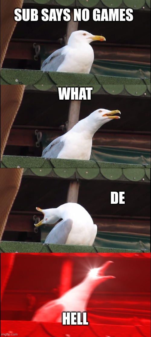 Inhaling Seagull Meme | SUB SAYS NO GAMES; WHAT; DE; HELL | image tagged in memes,inhaling seagull | made w/ Imgflip meme maker