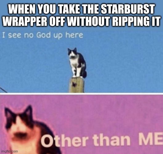 I see no god up here other than me | WHEN YOU TAKE THE STARBURST WRAPPER OFF WITHOUT RIPPING IT | image tagged in i see no god up here other than me | made w/ Imgflip meme maker