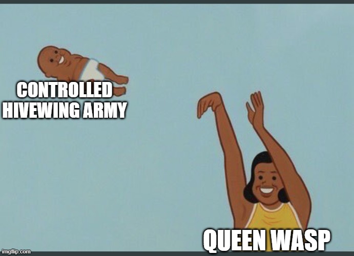 baby yeet | CONTROLLED HIVEWING ARMY QUEEN WASP | image tagged in baby yeet | made w/ Imgflip meme maker