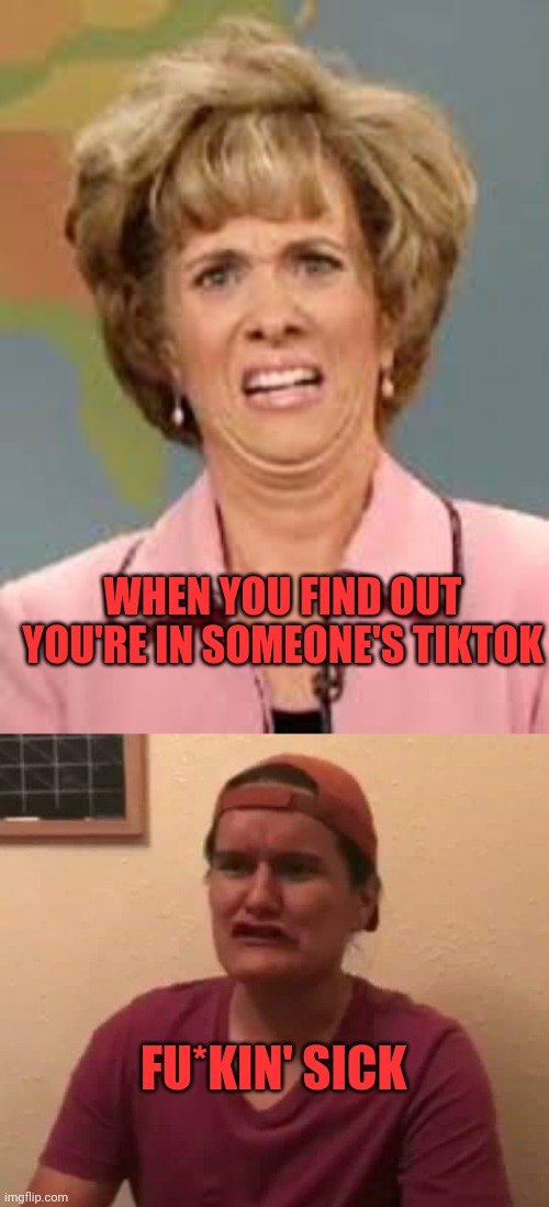 Most cringeworthy | WHEN YOU FIND OUT YOU'RE IN SOMEONE'S TIKTOK; FU*KIN' SICK | image tagged in f ckin' sick,ewww,noooo,ack,i got cooties | made w/ Imgflip meme maker