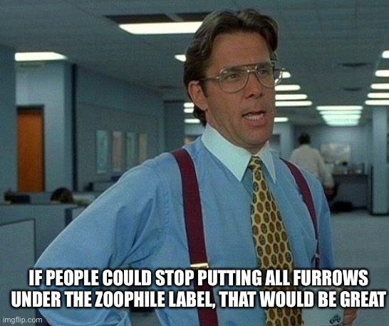 It’s not what all of us are and it makes me sad when people put me in that box. And I love boxes. | IF PEOPLE COULD STOP PUTTING ALL FURROWS UNDER THE ZOOPHILE LABEL, THAT WOULD BE GREAT | image tagged in memes,that would be great | made w/ Imgflip meme maker