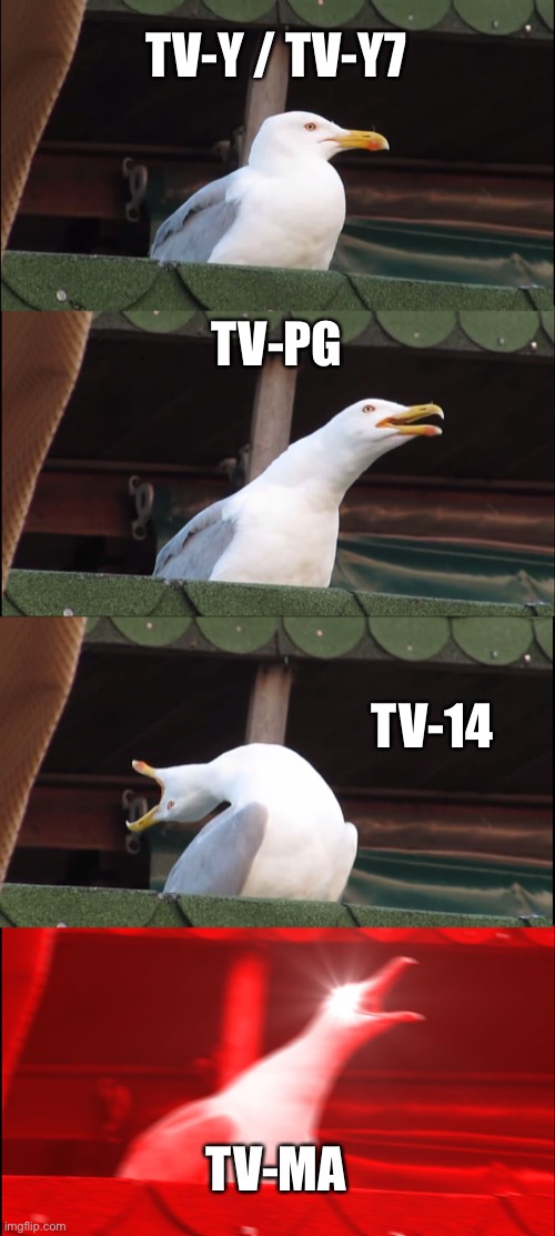 TV ratings be like: | TV-Y / TV-Y7; TV-PG; TV-14; TV-MA | image tagged in memes,inhaling seagull | made w/ Imgflip meme maker