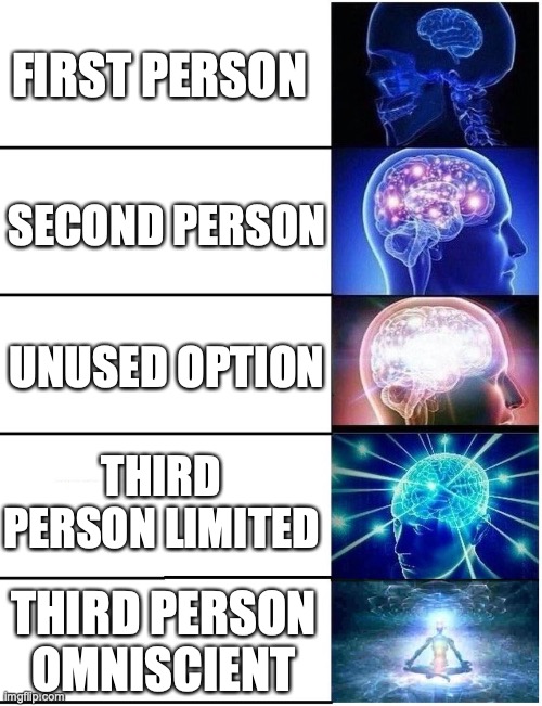 LA meme | FIRST PERSON; SECOND PERSON; UNUSED OPTION; THIRD PERSON LIMITED; THIRD PERSON OMNISCIENT | image tagged in expanding brain 5 panel | made w/ Imgflip meme maker