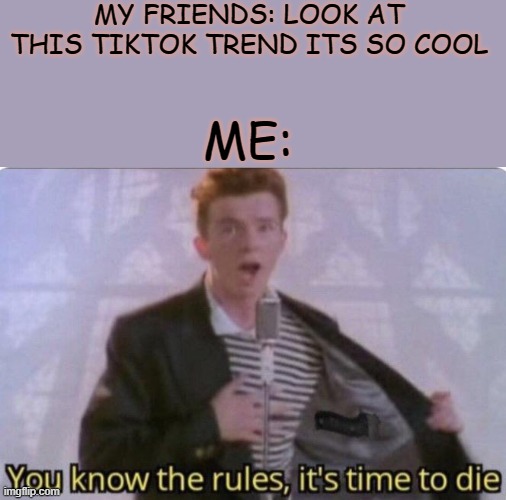 tik tok will just get worse |  MY FRIENDS: LOOK AT THIS TIKTOK TREND ITS SO COOL; ME: | image tagged in you know the rules its time to die | made w/ Imgflip meme maker