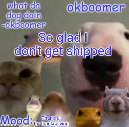 please don't even try (not mod note: THIS MEANS YOU CINNA) | So glad I don't get shipped; Thankful for thanksgiving | image tagged in okboomer template v4 credit to yeetrex | made w/ Imgflip meme maker