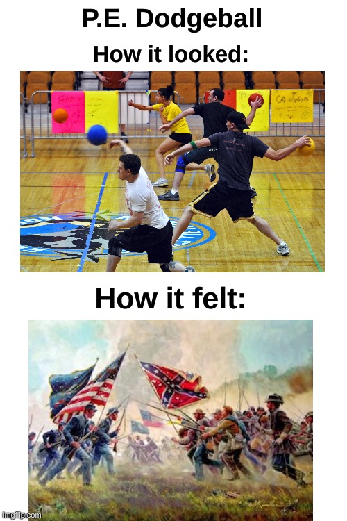 This is so true | P.E. Dodgeball; How it looked:; How it felt: | image tagged in memes,funny,dodgeball,true,oh wow are you actually reading these tags,gifs | made w/ Imgflip meme maker