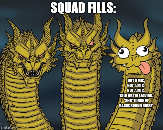No mic | SQUAD FILLS:; GOT A MIC, GOT A MIC, 
GOT A MIC. 
TALK OR I'M LEAVING. *SHIT TONNE OF BACKGROUND NOISE* | image tagged in three-headed dragon | made w/ Imgflip meme maker