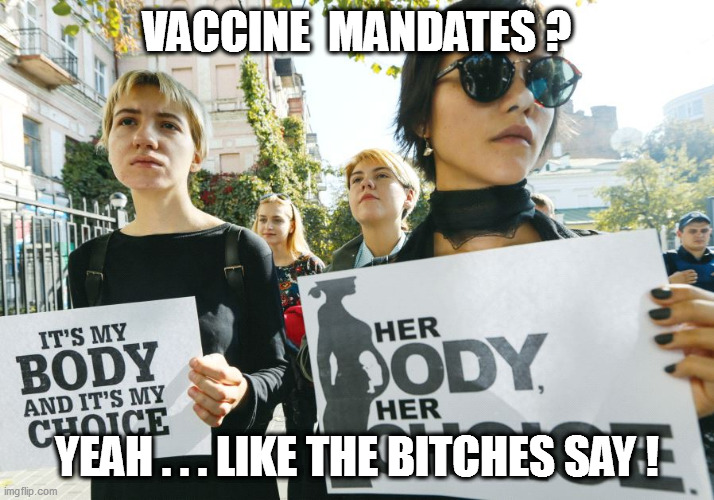 Same message....different messenger! | VACCINE  MANDATES ? YEAH . . . LIKE THE BITCHES SAY ! | image tagged in forced vaccines,feminazis,equality | made w/ Imgflip meme maker