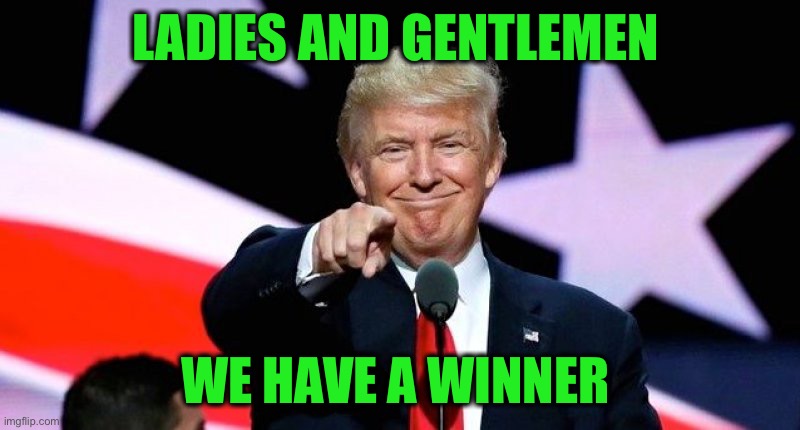 Donald Trump pointing at you. | LADIES AND GENTLEMEN WE HAVE A WINNER | image tagged in donald trump pointing at you | made w/ Imgflip meme maker