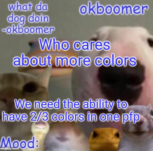 Okboomer template v4 (credit to yeetrex) | Who cares about more colors; We need the ability to have 2/3 colors in one pfp | image tagged in okboomer template v4 credit to yeetrex | made w/ Imgflip meme maker
