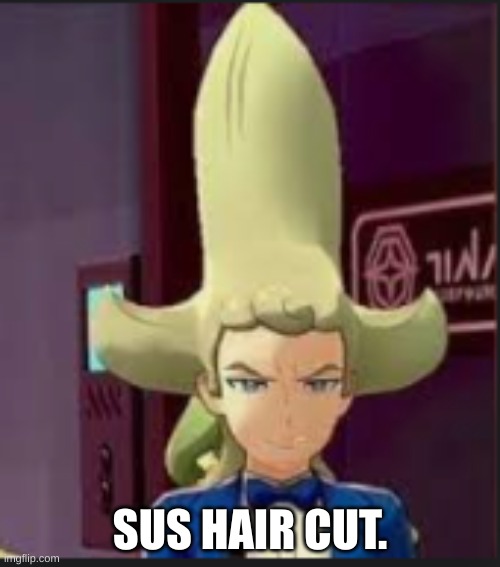 sus hair cut | SUS HAIR CUT. | image tagged in sus,pokemon sword and shield | made w/ Imgflip meme maker