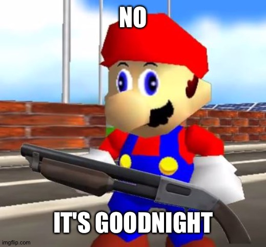 SMG4 Shotgun Mario | NO IT'S GOODNIGHT | image tagged in smg4 shotgun mario | made w/ Imgflip meme maker
