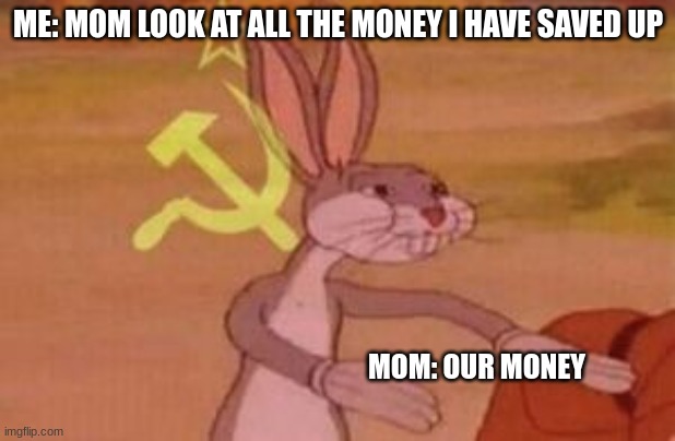 our | ME: MOM LOOK AT ALL THE MONEY I HAVE SAVED UP; MOM: OUR MONEY | image tagged in our | made w/ Imgflip meme maker