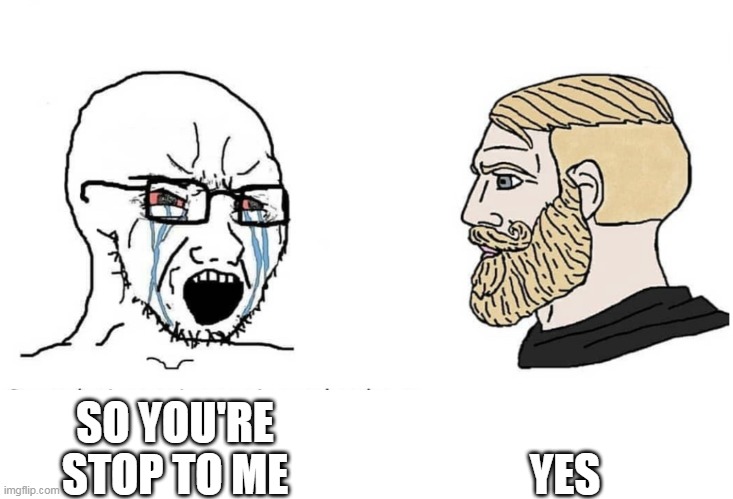 Why if do that? | YES; SO YOU'RE STOP TO ME | image tagged in soyboy vs yes chad,memes | made w/ Imgflip meme maker