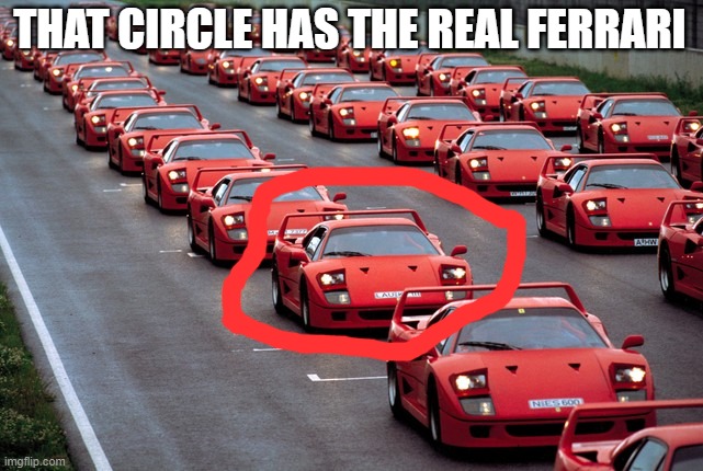 army of ferrari F40's | THAT CIRCLE HAS THE REAL FERRARI | image tagged in army of ferrari f40's | made w/ Imgflip meme maker