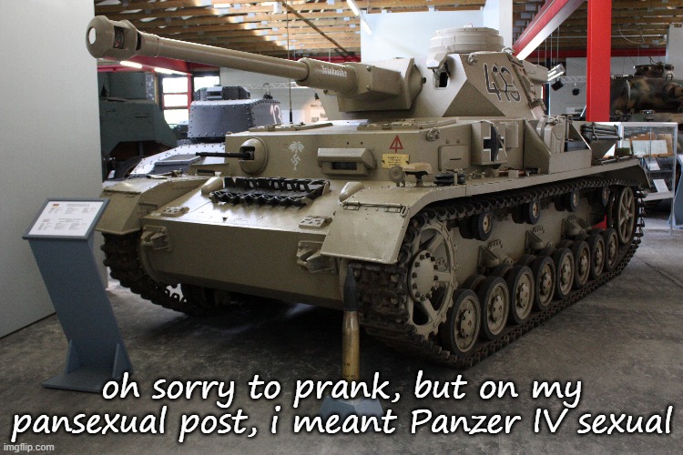 TONK | oh sorry to prank, but on my pansexual post, i meant Panzer IV sexual | image tagged in tonk,tank | made w/ Imgflip meme maker