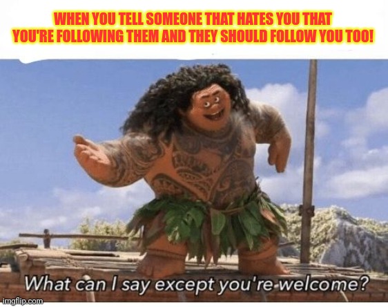 What can I say except you're welcome? | WHEN YOU TELL SOMEONE THAT HATES YOU THAT YOU'RE FOLLOWING THEM AND THEY SHOULD FOLLOW YOU TOO! | image tagged in what can i say except you're welcome | made w/ Imgflip meme maker