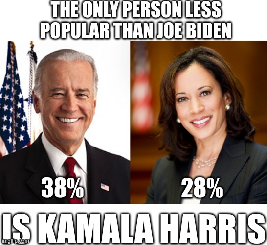 It's sad to think that the only person with a lower approval rating than Creepy Joe - is his Vice President | THE ONLY PERSON LESS POPULAR THAN JOE BIDEN; 38%; 28%; IS KAMALA HARRIS | image tagged in memes,joe biden,kamala harris | made w/ Imgflip meme maker