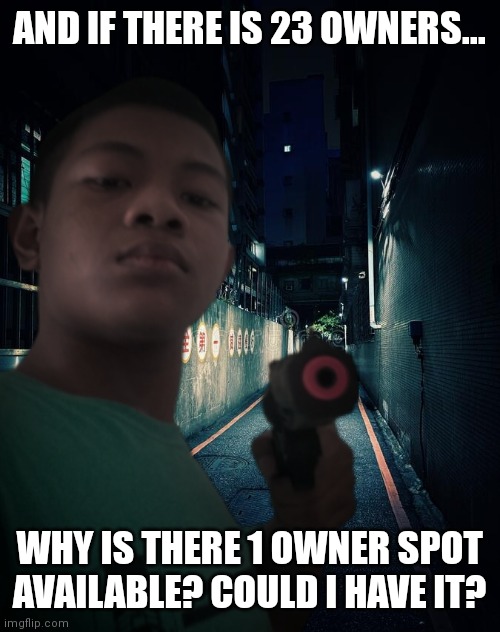 me with a gun (a little realistic edition) | AND IF THERE IS 23 OWNERS... WHY IS THERE 1 OWNER SPOT AVAILABLE? COULD I HAVE IT? | image tagged in me with a gun a little realistic edition | made w/ Imgflip meme maker