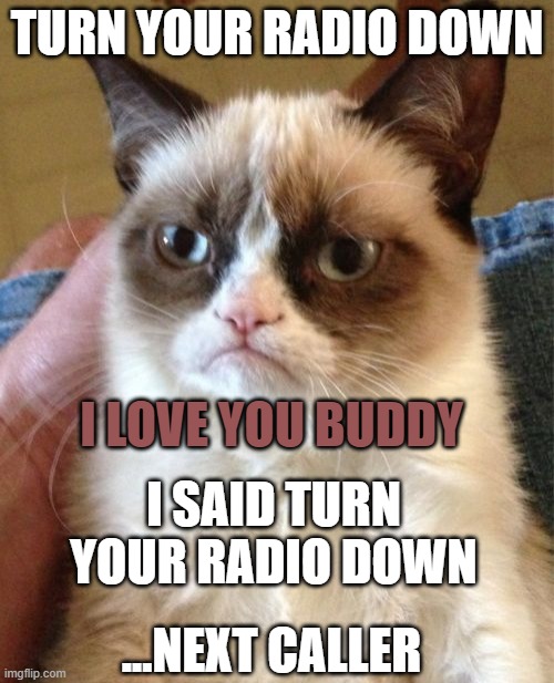 New Tech Confuses Me | TURN YOUR RADIO DOWN; I LOVE YOU BUDDY; I SAID TURN YOUR RADIO DOWN; ...NEXT CALLER | image tagged in memes,grumpy cat,get to the point,foward | made w/ Imgflip meme maker