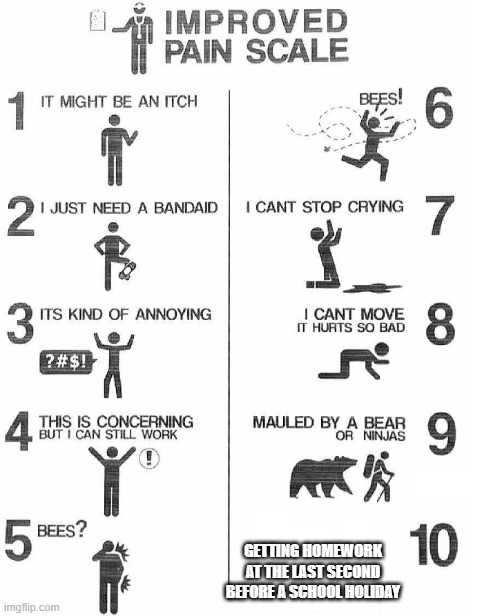 Improved Pain Scale | GETTING HOMEWORK AT THE LAST SECOND BEFORE A SCHOOL HOLIDAY | image tagged in improved pain scale | made w/ Imgflip meme maker