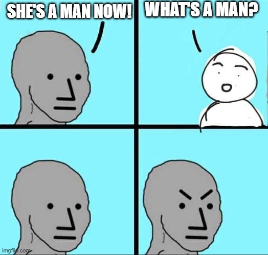 gender delusions | WHAT'S A MAN? SHE'S A MAN NOW! | image tagged in npc meme | made w/ Imgflip meme maker