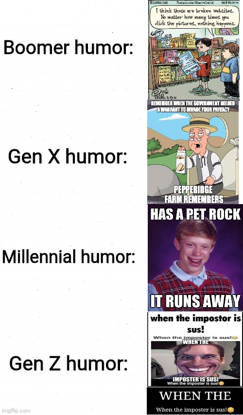 Boomer, Gen X, Millennial, Gen Z humor | Boomer humor:; Gen X humor:; Millennial humor:; Gen Z humor: | image tagged in plain white,gen z humor,boomer humor millennial humor gen-z humor | made w/ Imgflip meme maker