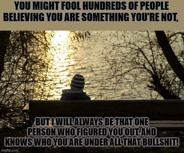 Figured you out | YOU MIGHT FOOL HUNDREDS OF PEOPLE BELIEVING YOU ARE SOMETHING YOU'RE NOT, BUT I WILL ALWAYS BE THAT ONE PERSON WHO FIGURED YOU OUT, AND KNOWS WHO YOU ARE UNDER ALL THAT BULLSHIT! | image tagged in narcissist,betrayal | made w/ Imgflip meme maker