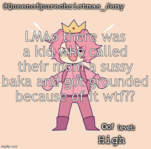 Jemy temp #26 | LMAo there was a kid who called their mom a sussy baka and got grounded because of it wtf?? Oof; High | image tagged in jemy temp 26 | made w/ Imgflip meme maker