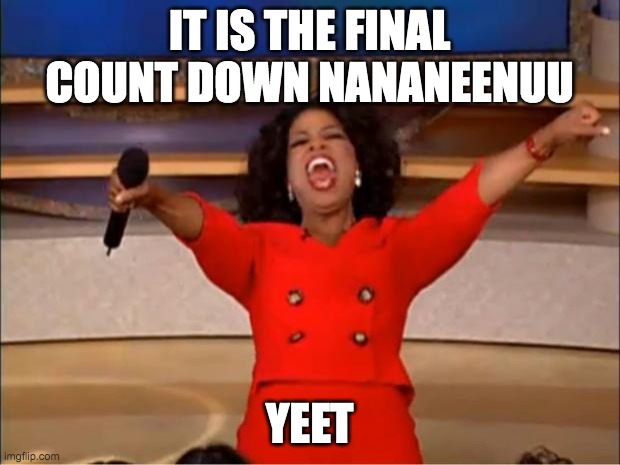Oprah You Get A | IT IS THE FINAL COUNT DOWN NANANEENUU; YEET | image tagged in memes,oprah you get a | made w/ Imgflip meme maker
