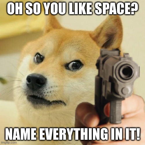 Idk some random stuff | OH SO YOU LIKE SPACE? NAME EVERYTHING IN IT! | image tagged in doge holding a gun,space | made w/ Imgflip meme maker