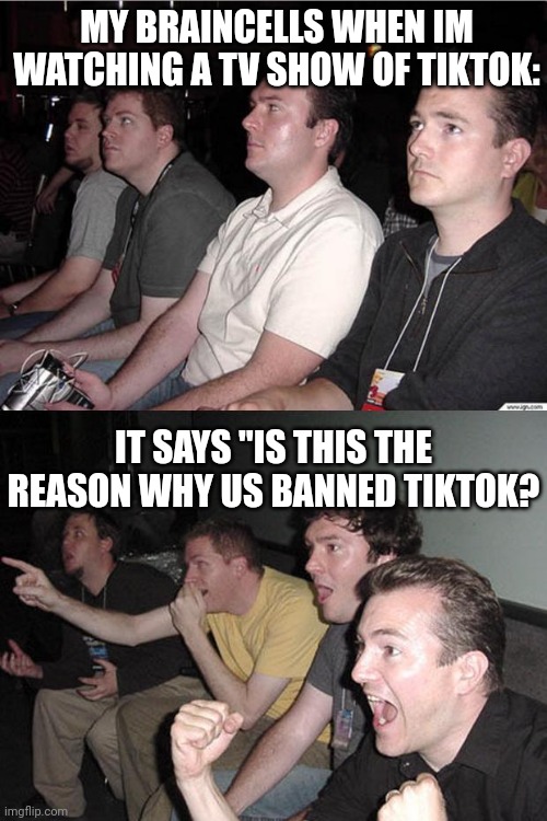 This happened when I'm watching "Beyond the viral video" | MY BRAINCELLS WHEN IM WATCHING A TV SHOW OF TIKTOK:; IT SAYS "IS THIS THE REASON WHY US BANNED TIKTOK? | image tagged in reaction guys,tiktok sucks | made w/ Imgflip meme maker