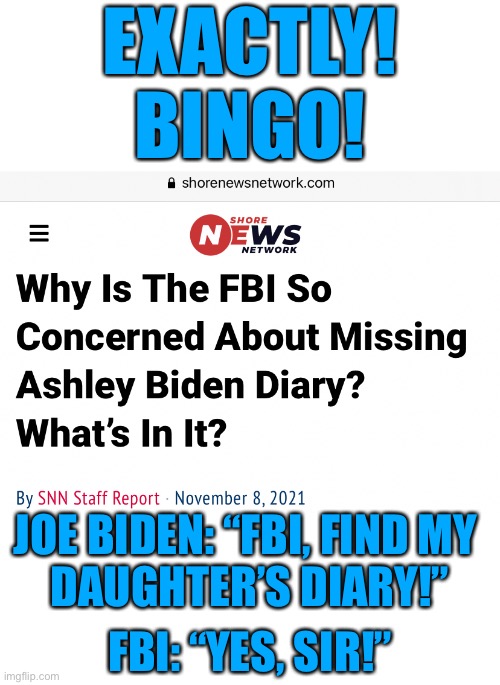 Folks, something’s up with Ashley Biden’s diary! | EXACTLY!
BINGO! JOE BIDEN: “FBI, FIND MY 
DAUGHTER’S DIARY!”; FBI: “YES, SIR!” | image tagged in joe biden,creepy joe biden,biden,joe biden worries,fbi,pedophile | made w/ Imgflip meme maker
