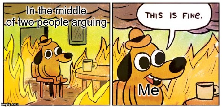 This Is Fine | In the middle of two people arguing; Me | image tagged in memes,this is fine | made w/ Imgflip meme maker