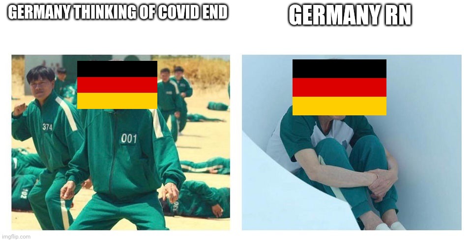 Squid game then and now | GERMANY RN; GERMANY THINKING OF COVID END | image tagged in squid game then and now,coronavirus,covid-19,corona,germany,memes | made w/ Imgflip meme maker