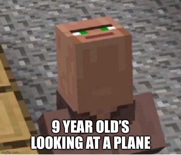 Minecraft Villager Looking Up | 9 YEAR OLD’S LOOKING AT A PLANE | image tagged in minecraft villager looking up | made w/ Imgflip meme maker