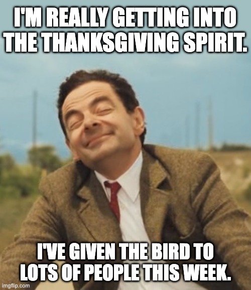Thanksgiving | I'M REALLY GETTING INTO THE THANKSGIVING SPIRIT. I'VE GIVEN THE BIRD TO LOTS OF PEOPLE THIS WEEK. | image tagged in mr bean happy face | made w/ Imgflip meme maker