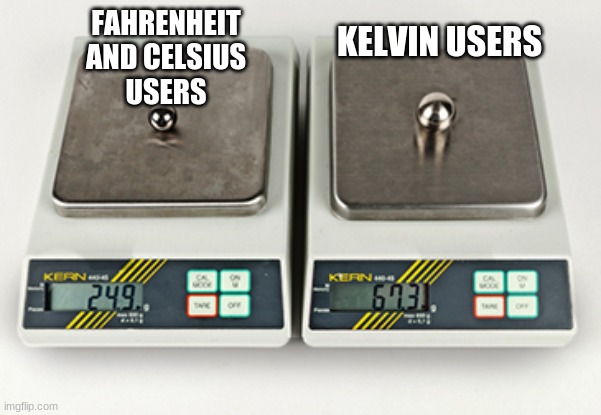 degrees | KELVIN USERS; FAHRENHEIT
AND CELSIUS
USERS | image tagged in smol ball big ball,memes,funny,science,metric,xd | made w/ Imgflip meme maker