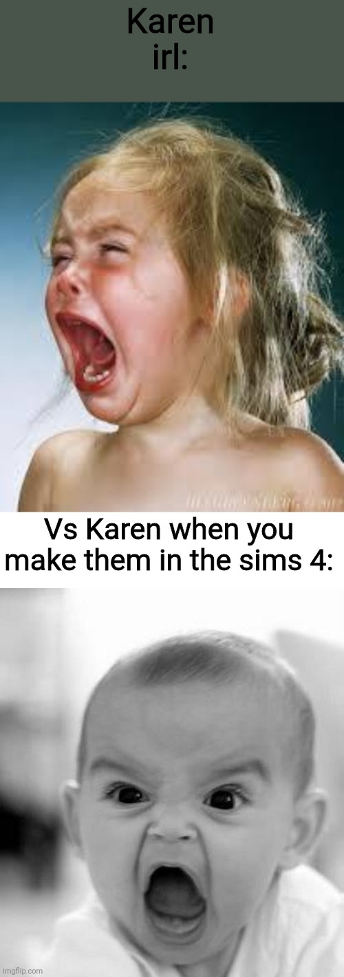 Either way. My point is. Both still throw temper tantrums like little kids. | Karen irl:; Vs Karen when you make them in the sims 4: | image tagged in crying baby,blank white template,mad baby | made w/ Imgflip meme maker