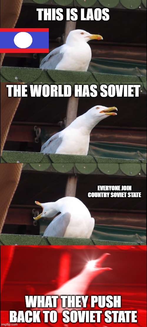 Laos spend life Laos live | THIS IS LAOS; THE WORLD HAS SOVIET; EVERYONE JOIN COUNTRY SOVIET STATE; WHAT THEY PUSH BACK TO  SOVIET STATE | image tagged in memes,inhaling seagull | made w/ Imgflip meme maker