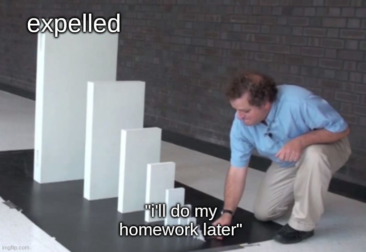 the domino effect | expelled; "i'll do my homework later" | image tagged in domino effect | made w/ Imgflip meme maker