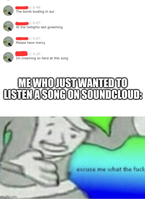 ME WHO JUST WANTED TO LISTEN A SONG ON SOUNDCLOUD: | image tagged in excuse me wtf blank template,cursed comments,why | made w/ Imgflip meme maker
