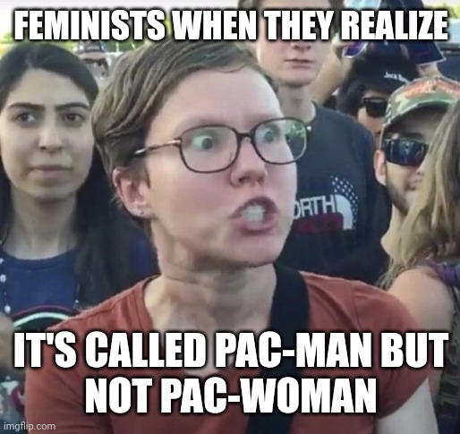 Pac-Man | FEMINISTS WHEN THEY REALIZE; IT'S CALLED PAC-MAN BUT
NOT PAC-WOMAN | image tagged in triggered feminist | made w/ Imgflip meme maker