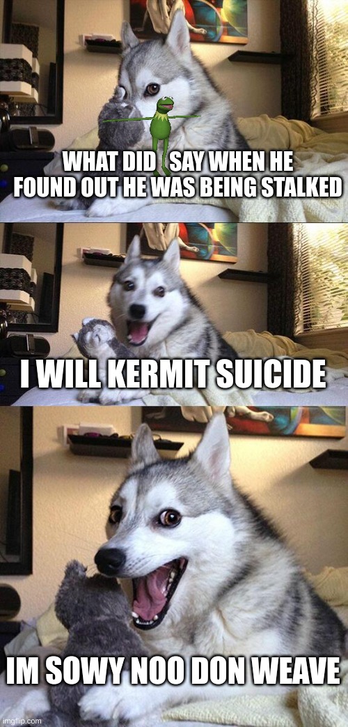 Bad Pun Dog | WHAT DID   SAY WHEN HE FOUND OUT HE WAS BEING STALKED; I WILL KERMIT SUICIDE; IM SOWY NOO DON WEAVE | image tagged in memes,bad pun dog | made w/ Imgflip meme maker