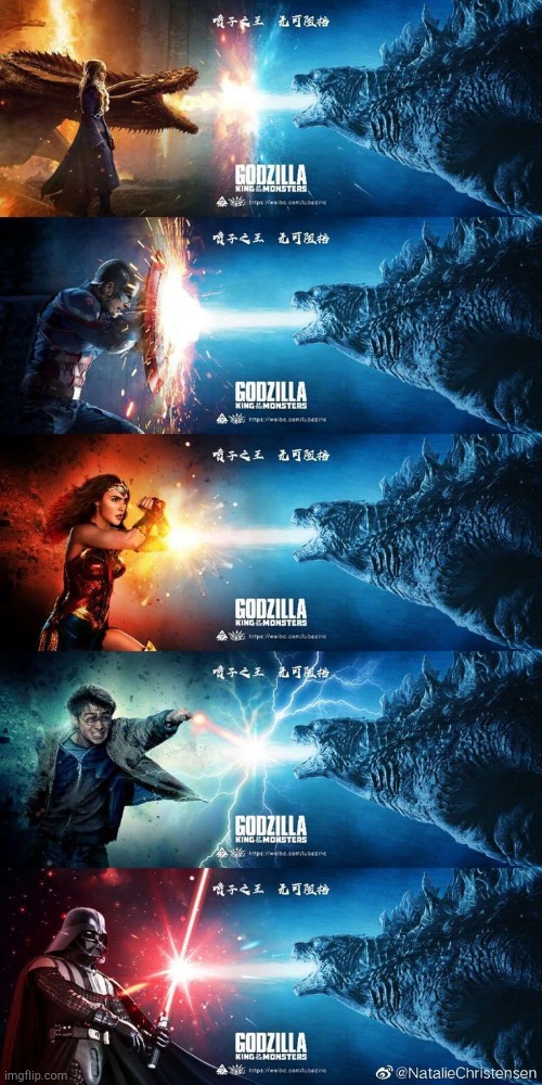 choose your favourite crossover | image tagged in godzilla,game of thrones,captain america,wonder woman,harry potter,darth vader | made w/ Imgflip meme maker