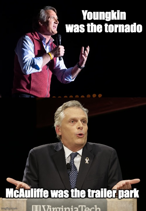 Youngkin | Youngkin was the tornado; McAuliffe was the trailer park | image tagged in youngkin,terry mcauliffe | made w/ Imgflip meme maker