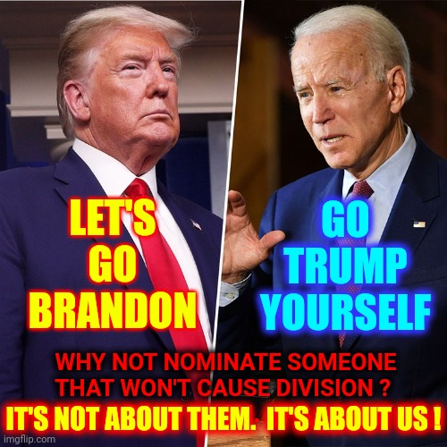 RE - ELECT NO ONE!!!  We Set Their Term Limits By NOT Re-Electing Anyone | LET'S GO BRANDON; GO TRUMP YOURSELF; WHY NOT NOMINATE SOMEONE THAT WON'T CAUSE DIVISION ?  IT'S NOT ABOUT THEM.  IT'S ABOUT US ! IT'S NOT ABOUT THEM.  IT'S ABOUT US ! | image tagged in trump biden,memes,elections,vote,reelect no one,term limits | made w/ Imgflip meme maker