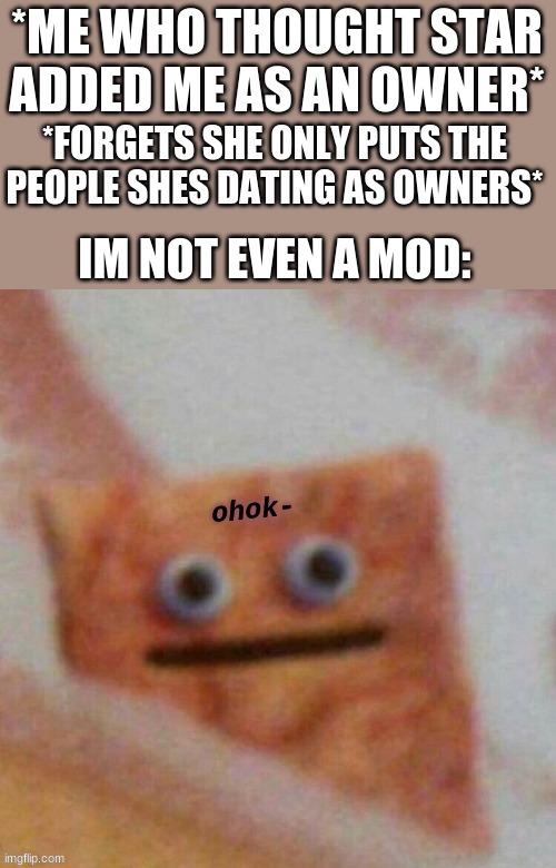 so like-...could i at least be mod cuz star wont like me as owner TwT | *ME WHO THOUGHT STAR ADDED ME AS AN OWNER*; *FORGETS SHE ONLY PUTS THE PEOPLE SHES DATING AS OWNERS*; IM NOT EVEN A MOD: | image tagged in ohok- | made w/ Imgflip meme maker